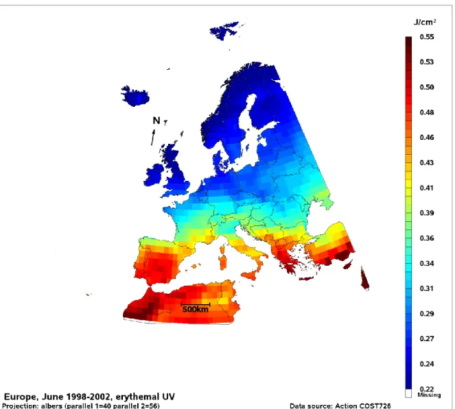 Figure  2.   Map  of  the  mean  daily  dose  in  erythemal  UV  for  the  month  of  June  during  the  1998-2002 period from the COST726 database