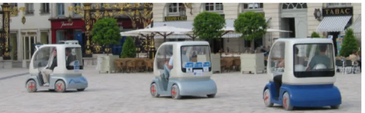 Fig. 7. Cooperative cybercars in the French city of Nancy during the MobiVIP project: INRIA develops fully automated transportation systems that need cooperative motion planning (here is a platooning example).