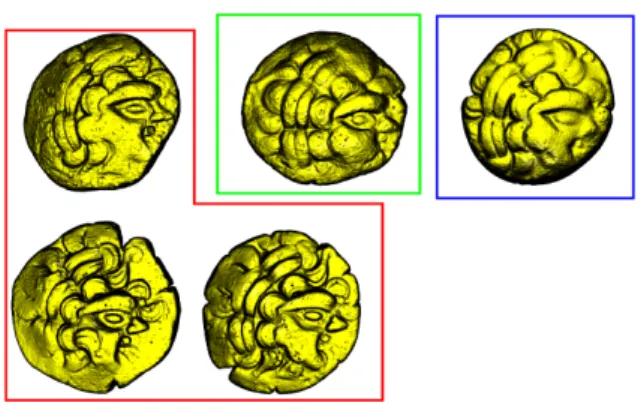 Figure 1. Example of 3D point cloud model of coins. The 3 coins framed in red have the same die
