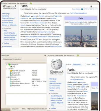 Figure 2. Semantic Tags for Wikipedia’s Paris page: (a) On the top, the Wikipedia’s Paris page without the Social Semantic Tags