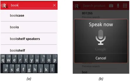 Fig. 10. Case study:UI for product searching. (a) Shows the user interface for keyword based search; (b) Shows the interface allowing the user to interact with the device’s microphone in voice based search.