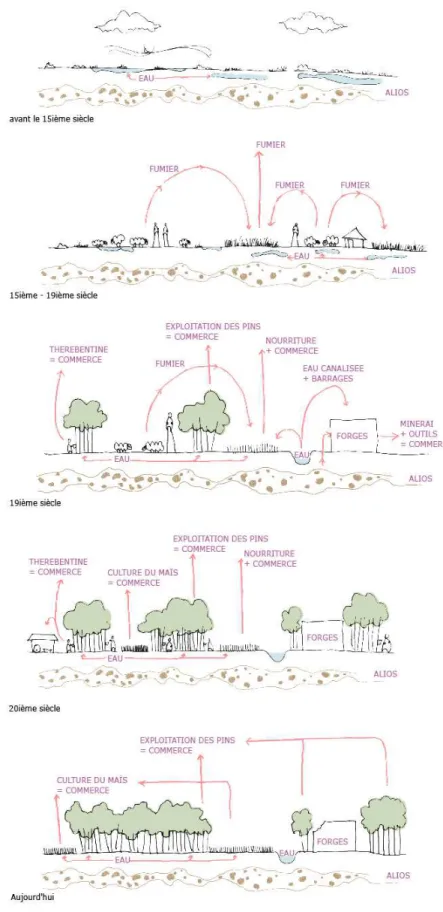 Illustration  de l'évolution  des  interrelations entre les  éléments du paysage et les  activités humaines depuis  le 15ième siècle (société  agro-pastorale), jusqu'à  aujourd'hui (société  post-industrielle).