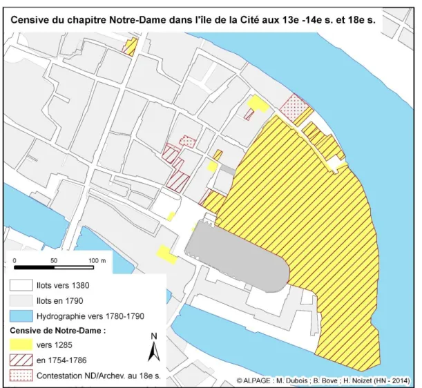 Fig. 7 : Censive du chapitre de Notre-Dame dans l’île de la Cité du XIII e  au XVIII e  siècle, ©  Alpage, actualisée par H