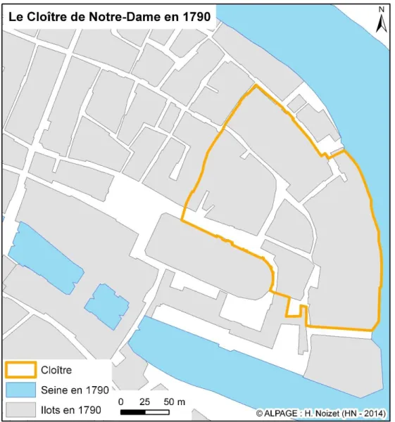Fig. 5 : Cloître de Notre-Dame en 1790, © Alpage, actualisée par H. Noizet. 
