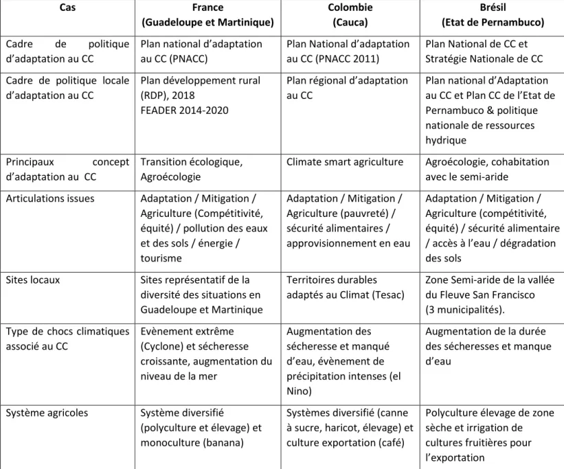 Tableau 1: Principales caractéristiques des trois études de cas  