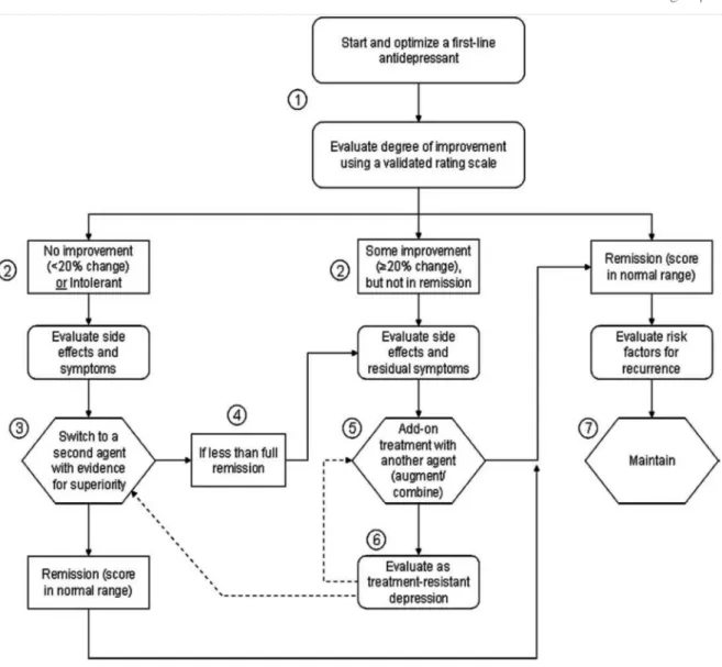 Figure 1. Algorithm for managing limited improvement with first line  antidepressant. From Lam et al