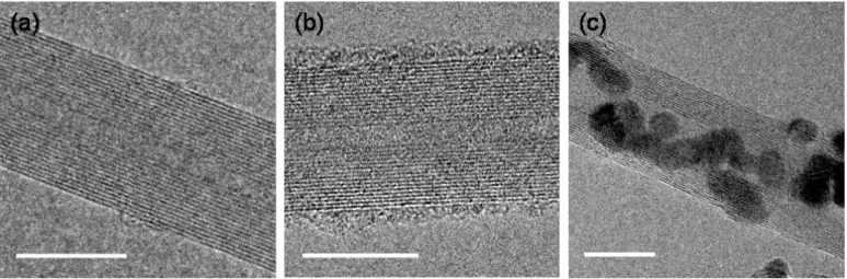 Figure 1. HRTEM micrographs of (a) pristine MWCNTs, (b) 10 Å of Ti on pristine MWCNTs and (c) 10 Å of Pd on pristine MWCNTs 