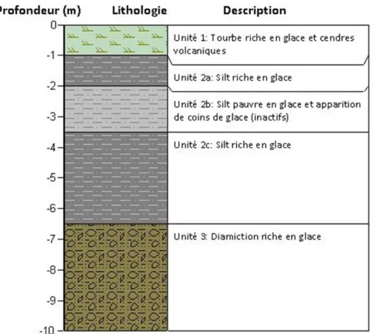 Figure 6. Profil stratigraphique typique du pergélisol au site d’étude jusqu’à dix mètres de profondeur