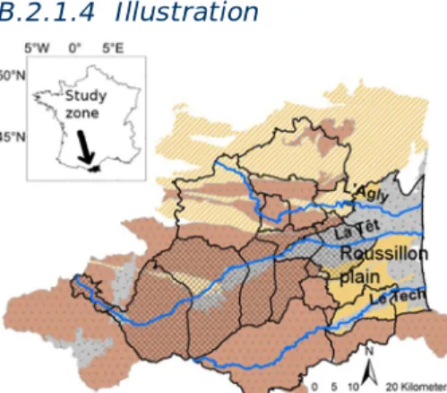 Figure 1 : Study zone localization, with the watersheds of the three Mediterranean rivers (Agly, Têt and Tech) that  flow into the plio-quaternary aquifers of the Roussillon plain