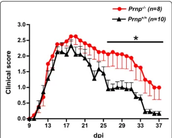 Figure 1 Exacerbated EAE in PrPc-ablated (Prnp -/- ) mice. Clinical scores (mean ± SEM) in PrPc-deficient (black dots) versus  PrP-sufficient (black triangles) mice