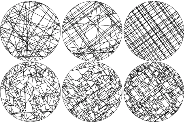 Figure 1: Realization of tessellations into a disc. The first row shows PLT with from left to right an anisotropy of 0, 0.5 and 1