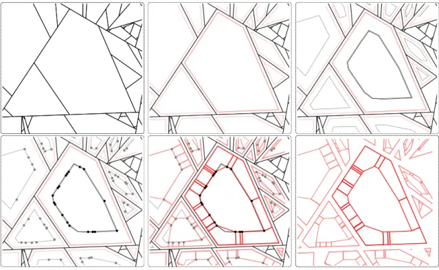 Figure 2: Steps in the building generation. From a tessellation (1) we apply an erosion operator to axis (2) in each new cell, we compute its dilated polygon with respect to its center of mass (3) we draw on this polygon a Poisson Point Process (4) whose p