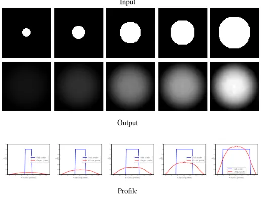 Figure 3: Autoencoding of disks when the autoencoder is trained with no bias. The autoencoder learns a function f which is multiplied by a constant scalar, h(r), for each radius