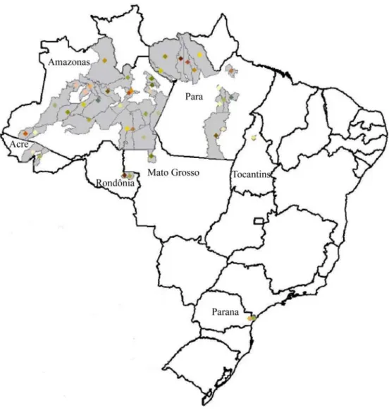 Figure 2. Les communes (municipes) qui implémentent des projets REDD  dans des Etats fédérés du Brésil (source : Service Forestier Brésilien, 2009)  Figure 2