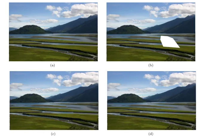 Fig. 7 (a) original image; (b) occluded image; (c) image restored with the exemplar-based method from [59]; (d) image restored using the method introduced in this paper, detailed in Section 6 (using p = 4, q = 6, λ = 0.5)