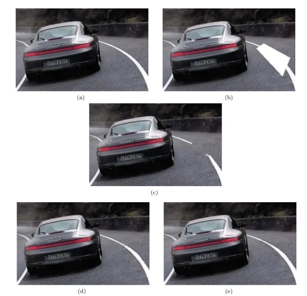 Fig. 13 (a) Original image; (b) Occluded image; (c) Image restored using the ”patchwork” algorithm [59]; (d) Image restored using our geometry guided inpainting method based on Euler spirals (with p = 4, q = 6 and λ = 0.5); (e) Same method as in (d), but u