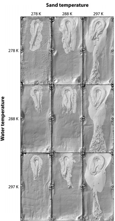 Fig. 11. Mosaic of morphological maps obtained after the water ﬂ owed on the sand test bed as a function of sediment and water temperature