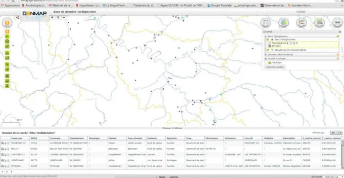 Fig. 2 - Vue de la base de données Tardiglaciaire. En bas, sous la forme d’une tableau, la table attributaire associée aux sites  Tardiglaciaires