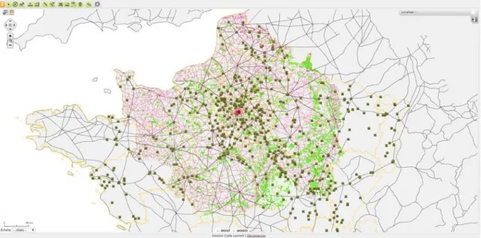 Fig. 1 - Vue de la base de données CADIGAL. En vert les sites correspondant aux agglomérations et issus des dépouillements des CAG