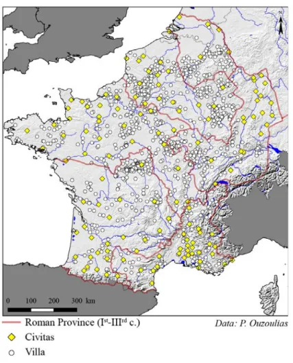 Figure 2 : Carte de répartition des villae et des civitas (modifiée d’après P. Ouzoulias, 2013).