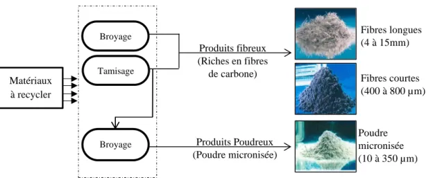 Figure 1. 1: Schéma du principe du recyclage mécanique des composites par broyage  Fibres longues (4 à 15mm)Produits Poudreux (Poudre micronisée)Produits fibreux(Riches en fibres de carbone)BroyageTamisageBroyageFibres courtes (400 à 800 µm)Poudre micronis