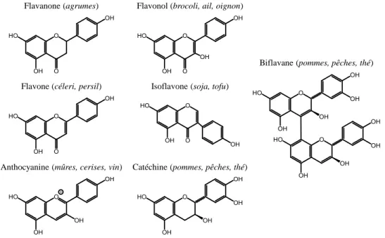 Figure 1-7. Exemples de structures des flavonoïdes contenus dans plusieurs aliments (d’après [23]) 