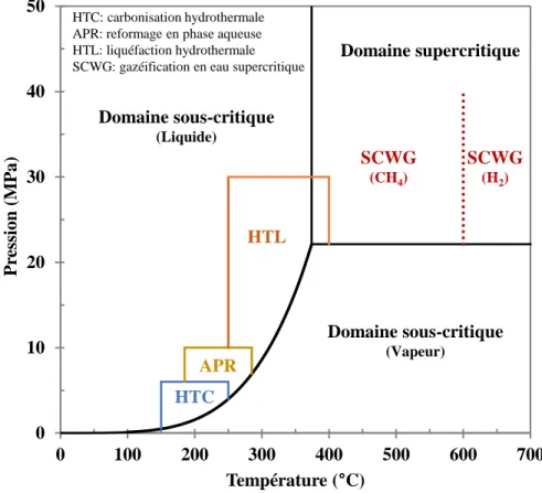 Figure 1-11. Procédés hydrothermaux dans le diagramme Pression-Température de l'eau 