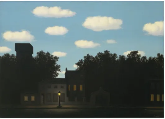 Fig. 2. René Magritte, The Empire of Light II, 1950. Oil on Canvas, 31 x 39&#34; (78.8 x 99.1 cm)