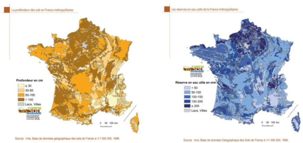 Figure  7 :   Hétérogénéité spatiale des profondeurs des sol et des  réserves utilse  en eau 