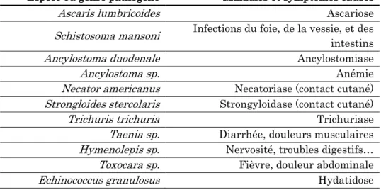 Tableau  5  :  Principales  espèces  d’helminthes  pathogènes  rencontrées  dans  les  eaux  usées  (d'après  ANSES,  2012;  Asano  et  al.,  2007;  Boutin  &amp;  Helmer,  2009;  Straub  &amp; 