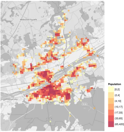 Figure 6.4: Répartition de la population (nombre d’habitant par carré de 200 m x 200 m) au sein de la zone d’étude 