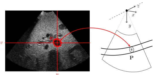Figure 2.6 – Relation between a target detected in a 2D ultrasound image and a physical point.