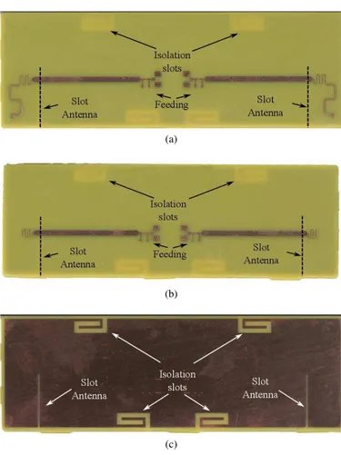 Figure 5. Top side of the board with two filtering slot antennas (a), top side of the board with two usual slot antennas (b) bottom side of both boards (c).