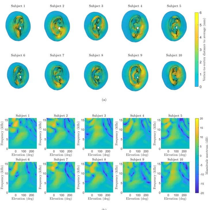 FIG. 1: Visualization of the first 10 subjects of WiDESPREaD. (a) Meshes derived from the synthetic ear shapes e W 1 , 