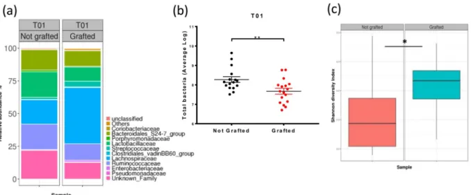 Figure 3.  Impact of the tumor on the microbiota composition. (a) Microbiota composition at the family  level at T01 in control (Not grafted, n  =  16) and Grafted (n  =  18) mouse groups, as assessed by 16 S rDNA  metabarcoding