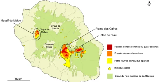 Figure 1 : Répartition actuelle de l’ajonc d’Europe (Ulex europaeus) sur l’île de La Réunion en fonction de la densité des foyers (2014)