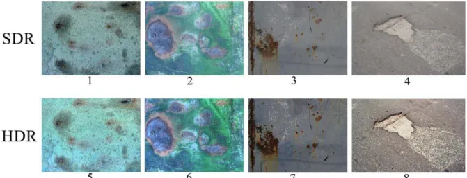 Figure 3. SDR images of various forms of damage (1 - 4), and the corresponding HDR images (5 - 8)