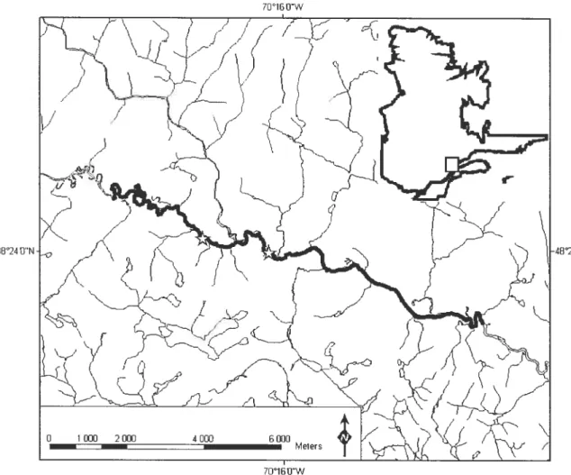 Figure 1. Study area of 14.7 km on the Sainte-Marguerite River. White stars along the Sainte-Marguerite River represent beginnings of sedimentary I inks.