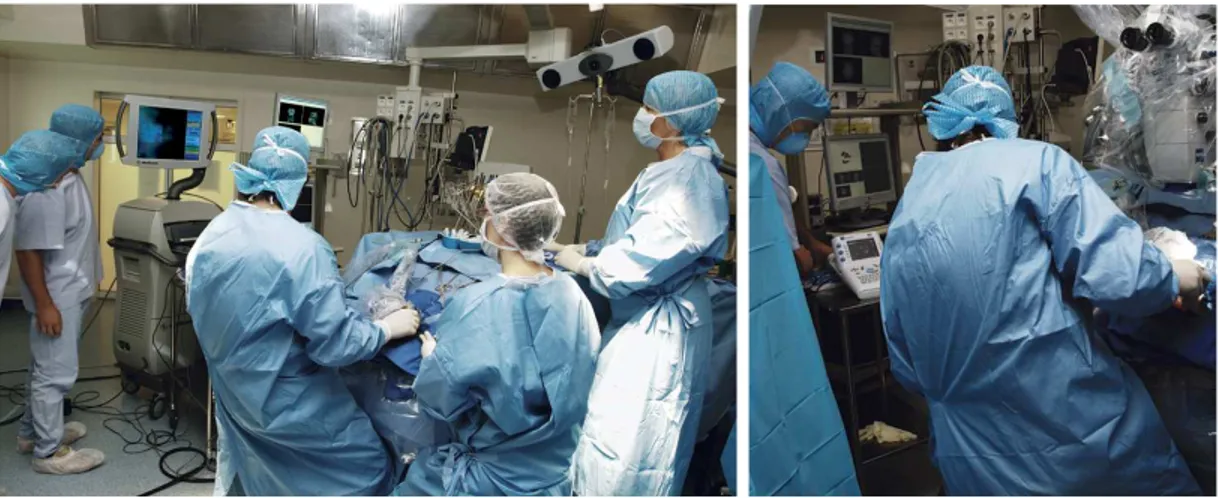 Fig. 4.3 – Photos prises par JJ-Levebvre au cours d’une op´eration neurochirurgicale r´ealis´ee par le Professeur Xavier Morandi `a l’hˆopital Pontchaillou de Rennes