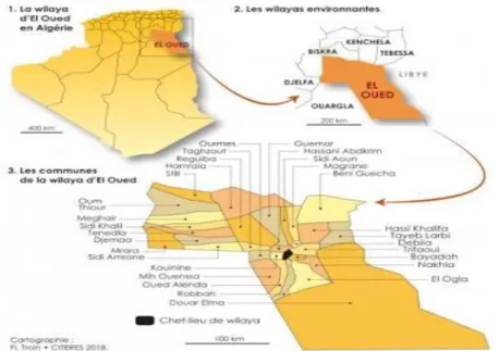 Figure 01.Situation géographique de la région de d’El Oued (Cartographie, 2018). 