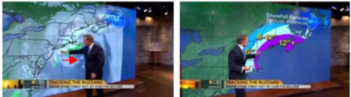 Figure 7: Left: pointing gesture made by the weatherman in  example (7); right: position of weatherman later in the video 