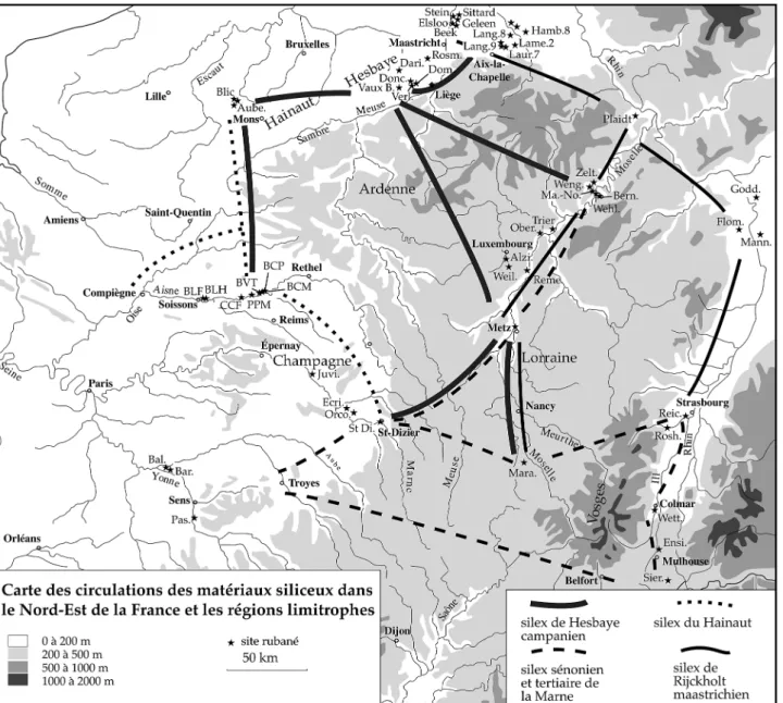 Fig. 1 – Carte des circulations de silex au Rubané récent (Allard, 2005).