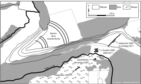 Fig. 1 - Blainville-sur-Orne &#34;basse vallée du Dan&#34; : principaux éléments de la topographie et  localisation des zones de fouille