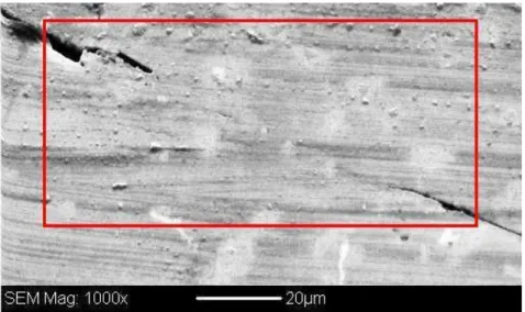 Figure 7.8 – Observation MEB d’une zone soudée en compression plane à chaud (le cadre rouge correspond à la zone analysée en EBSD, figure 7.9).