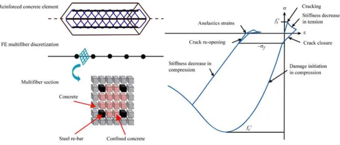 Figure 2.1. Multifiber beam modeling.  Figure 2.2. La Borderie’s cyclic mod el: Uniaxial stress- stress-strain relation