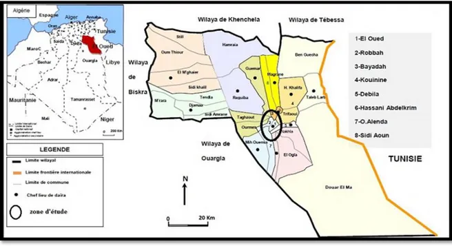 Figure 15: Situation géographique de  la wilaya d'El Oued (Anonyme, 2011). 