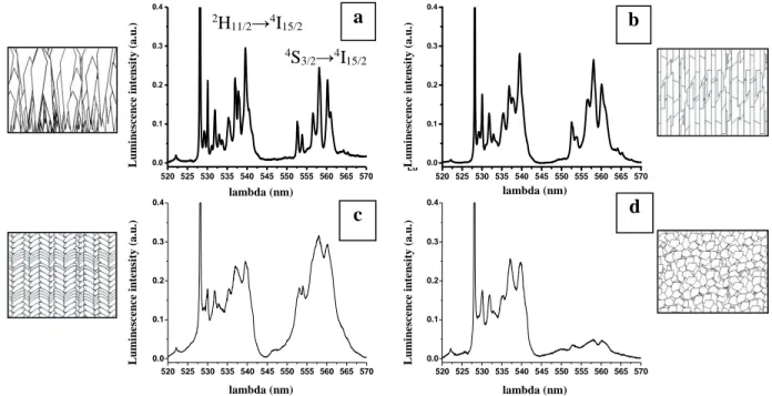 Figure 3: Photoluminescence spectra obtained at room temperature on the AlN:Er films in  the 520 – 570 nm domain with the incident light of 514 nm: (a) Type A: nano columnar 16  nm (b) Type B: nano rods 20 nm (c) Type C: nano feathers 6-20 nm(d) Type D: eq