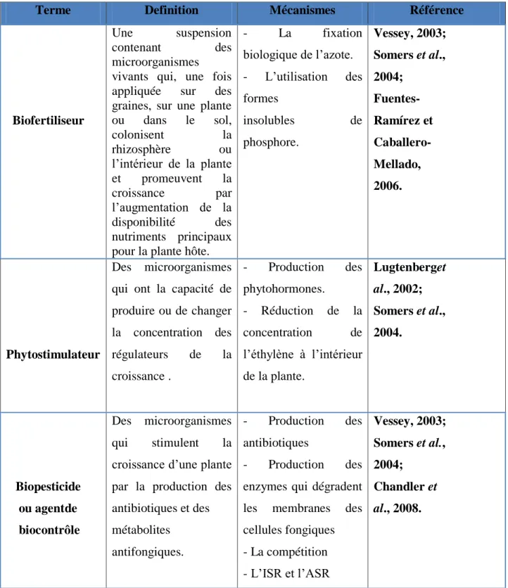 Tableau 01: Classification des mécanismes de stimulation de la croissance des plantes          contrôlées par les PGPR (MARTINEZ-VIVEROSET al., 2010)