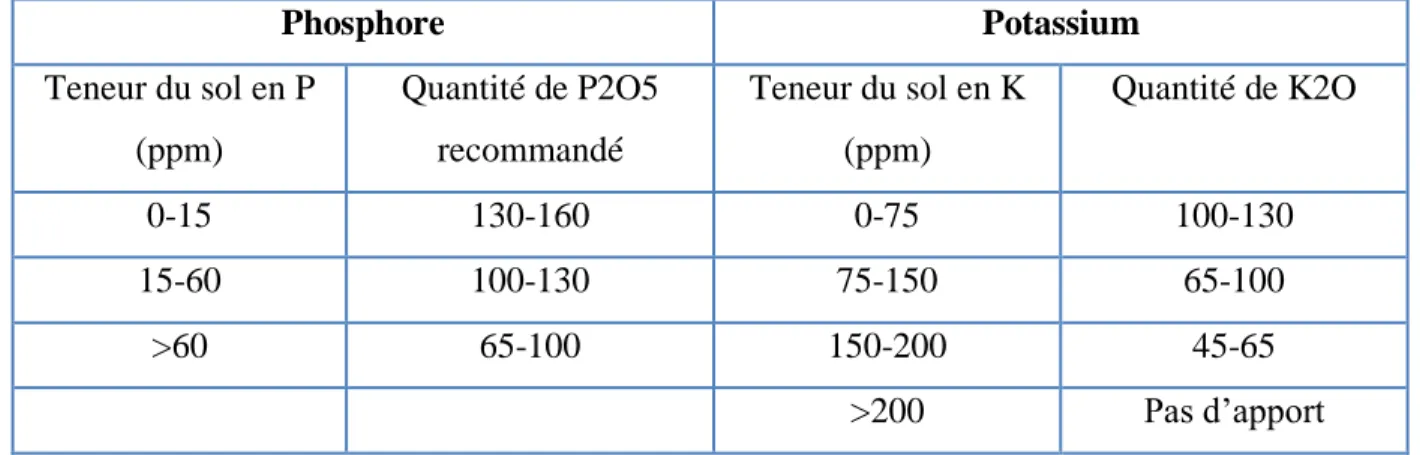 Tableau 03 : L'apport en phosphore et en potassium selon les analyses du sol. (Alaoui B., 2000) 