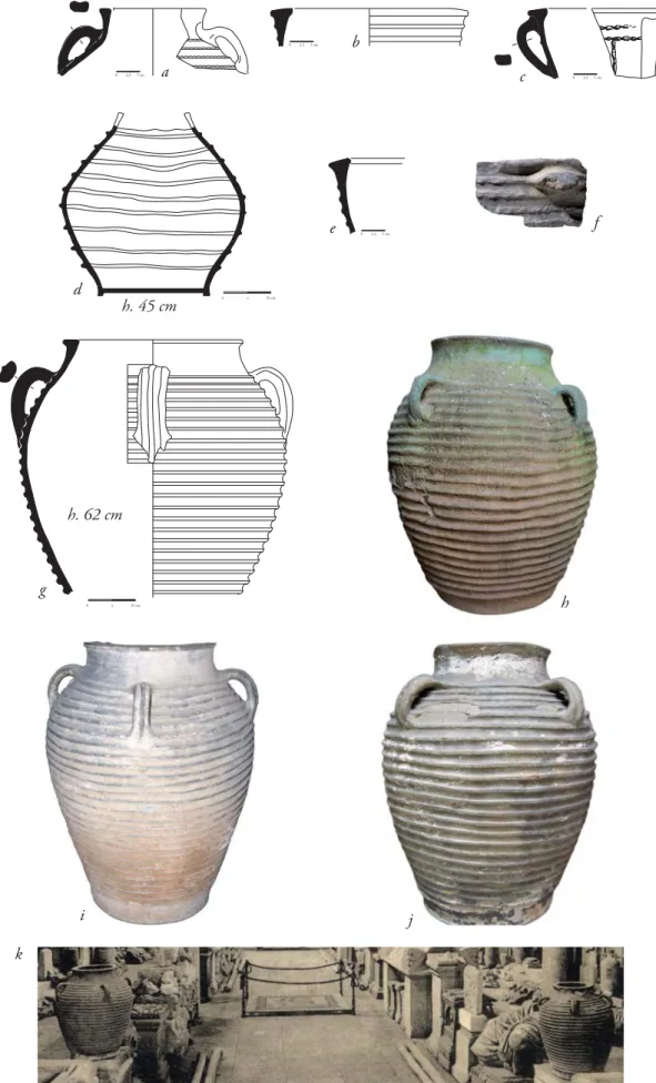 Fig. 2a-j : (a-c) Claret La Seube XIV e  siècle (dessin M. Leenhardt) ; (d) Saint-Amans-de-Teulet (Pauzes 1973) ; (e-f ) Montpellier, Place de la Comédie  et Pila-Saint-Gély ; (g) Aniane (DAO J.-C